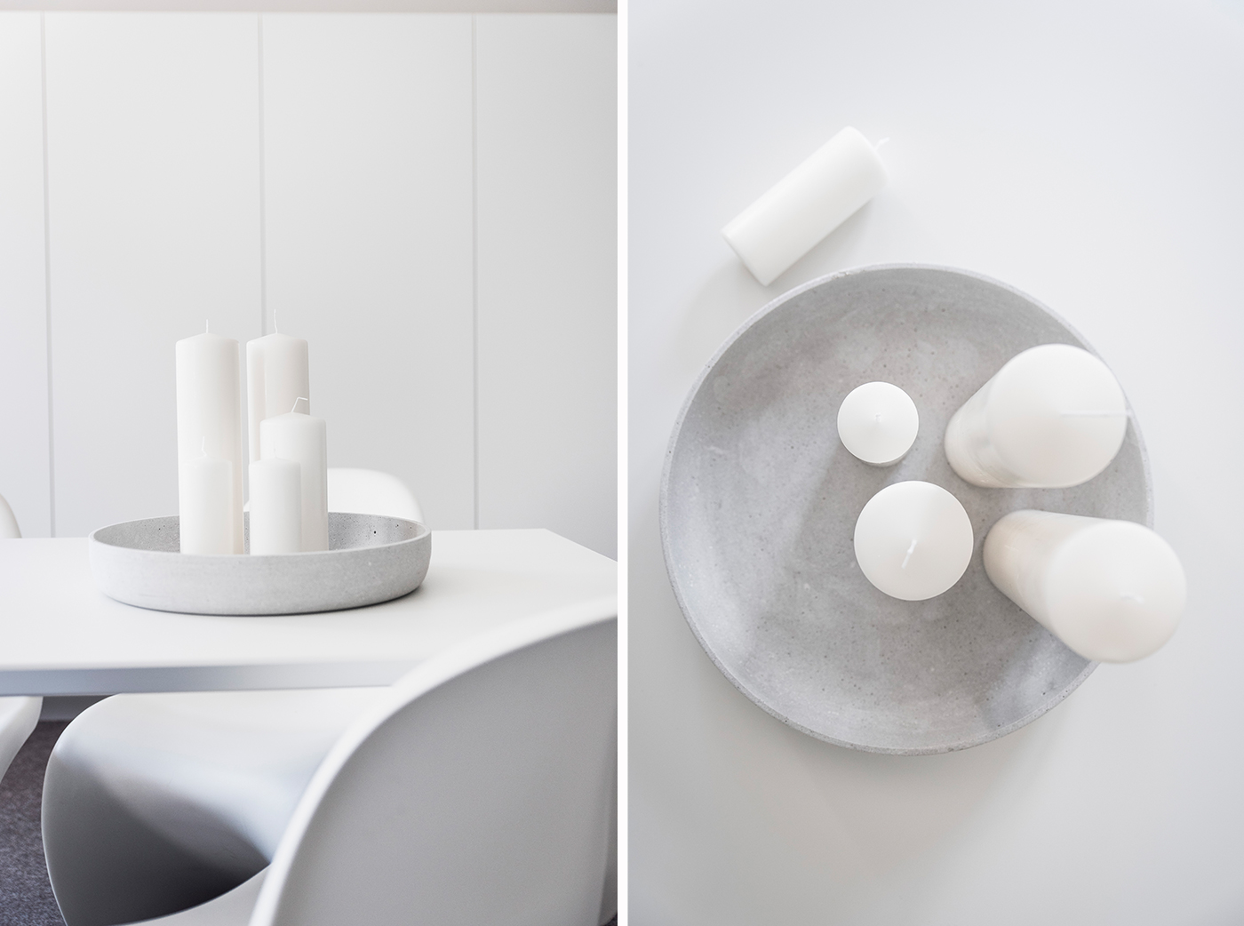 Eine Dekoschale aus Beton mit Kerzen.