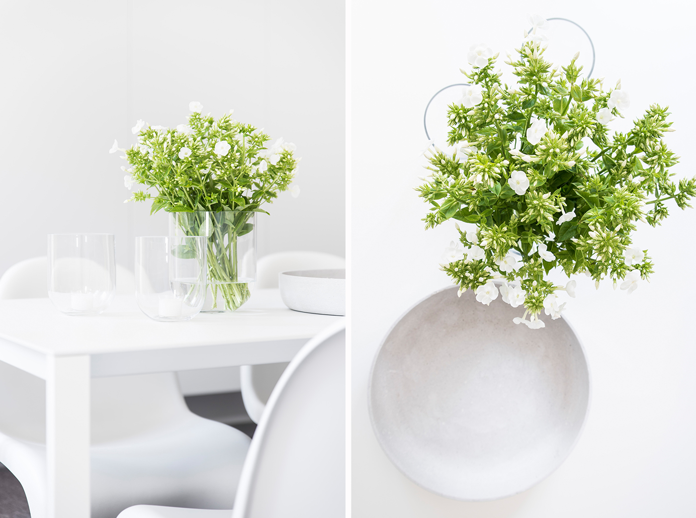 Eine Dekoschale aus Beton mit Kerzen.