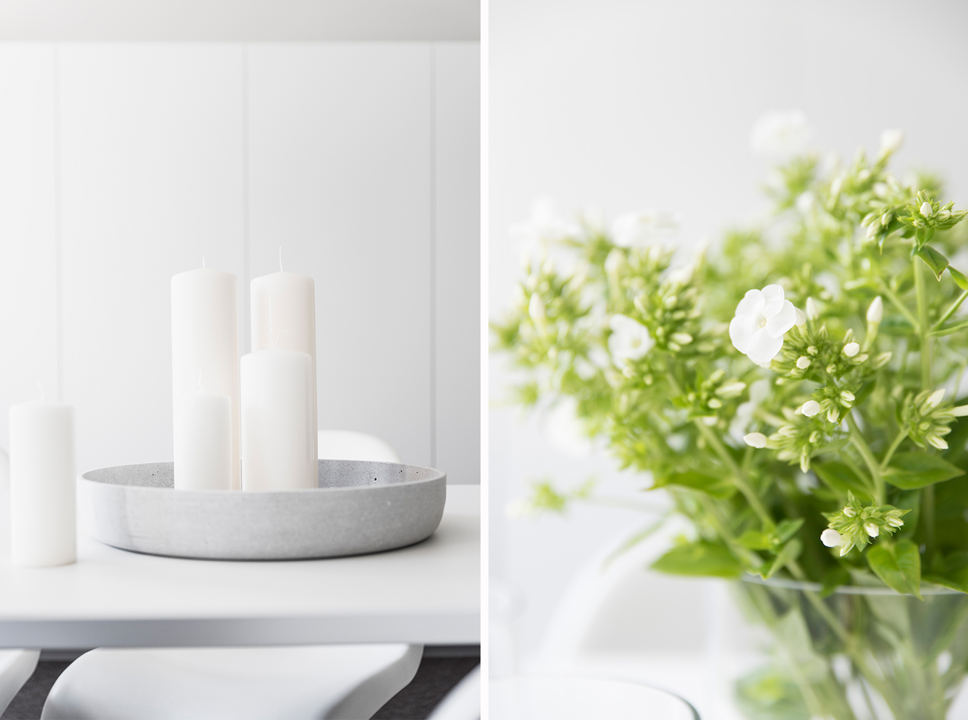 Eine Dekoschale aus Beton mit Kerzen.