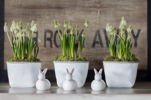 moderne Osterdeko mit Perlhyazinthen und Porzellanhasen von DEPOT