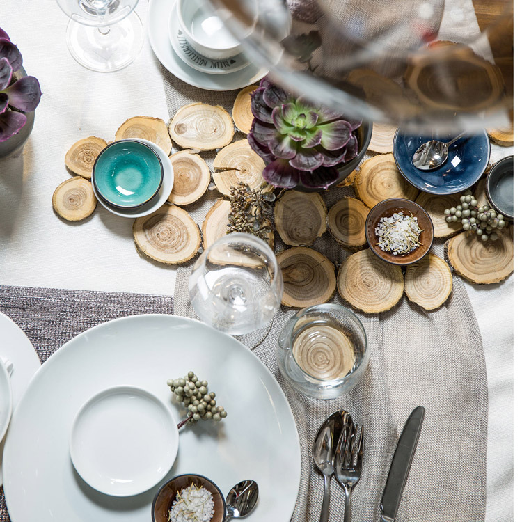 Tischdeko Astscheibenuntersetzer mit Dipschalen