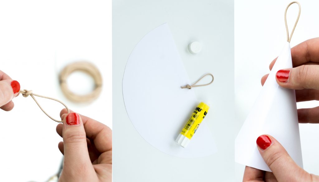 Mit Hilfe eines Klebestiftes werden die Halbkreise zu Kegeln geformt. Die Lederschlaufe wird vorher in der Mitte der geraden Seite platziert.