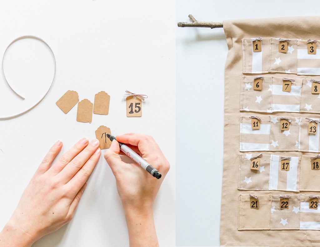 Auf Papier schreibt ihr die Nummern für den Adventskalender und klebt diese fest.