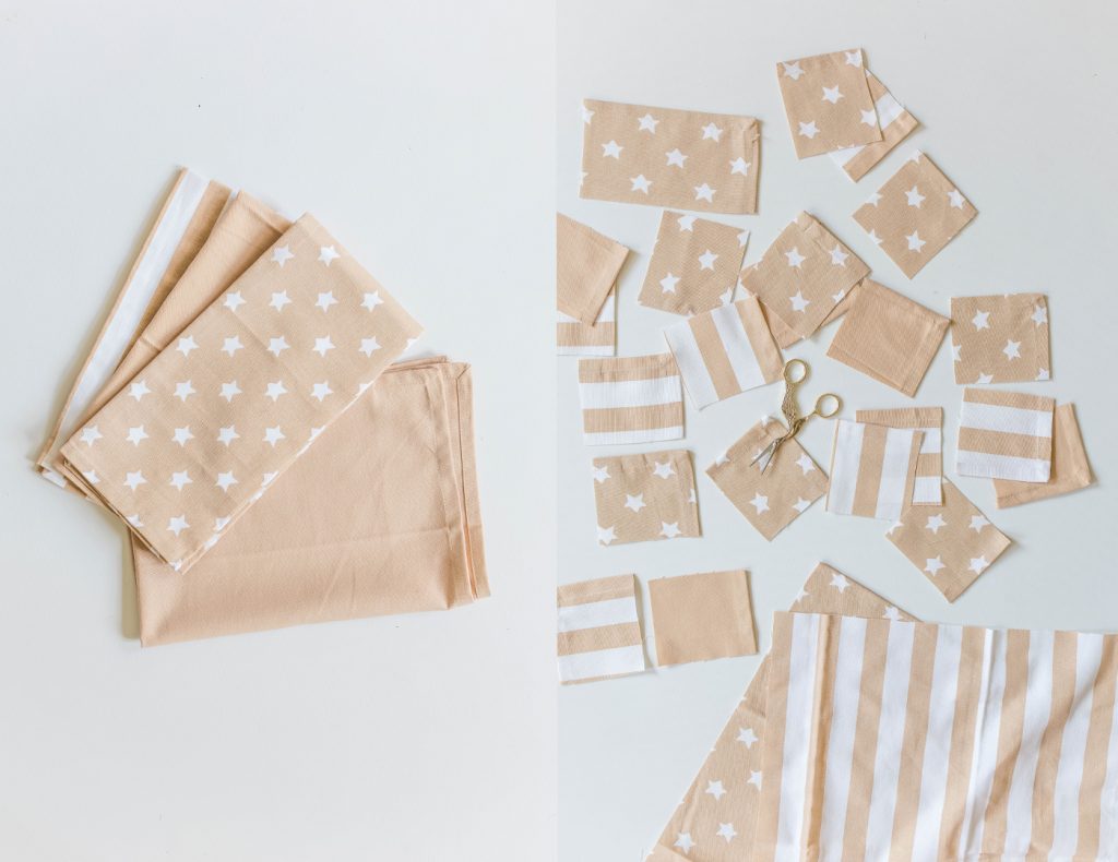 Aus den Geschirrtüchern schneidet ihr Rechtecke.