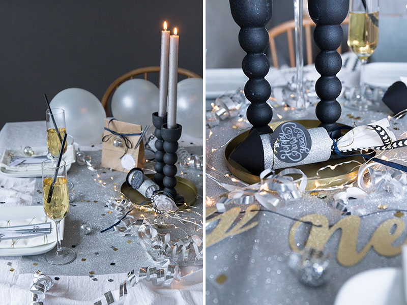 Silvestertischdeko in Schwarz, Silber und Gold