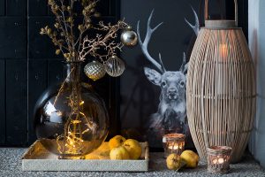 geschmückter Winterast läutet im Hauseingang die Weihnachtszeit ein