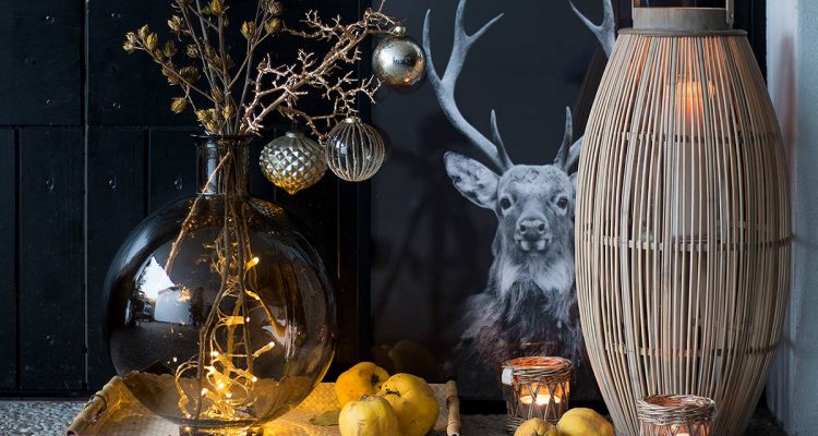 geschmückter Winterast läutet im Hauseingang die Weihnachtszeit ein