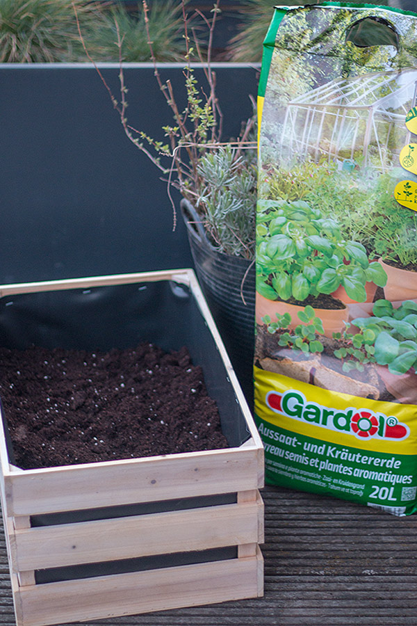 Holzkiste für den Kräutergarten mit Kräutererde zu dreiviertel befüllen