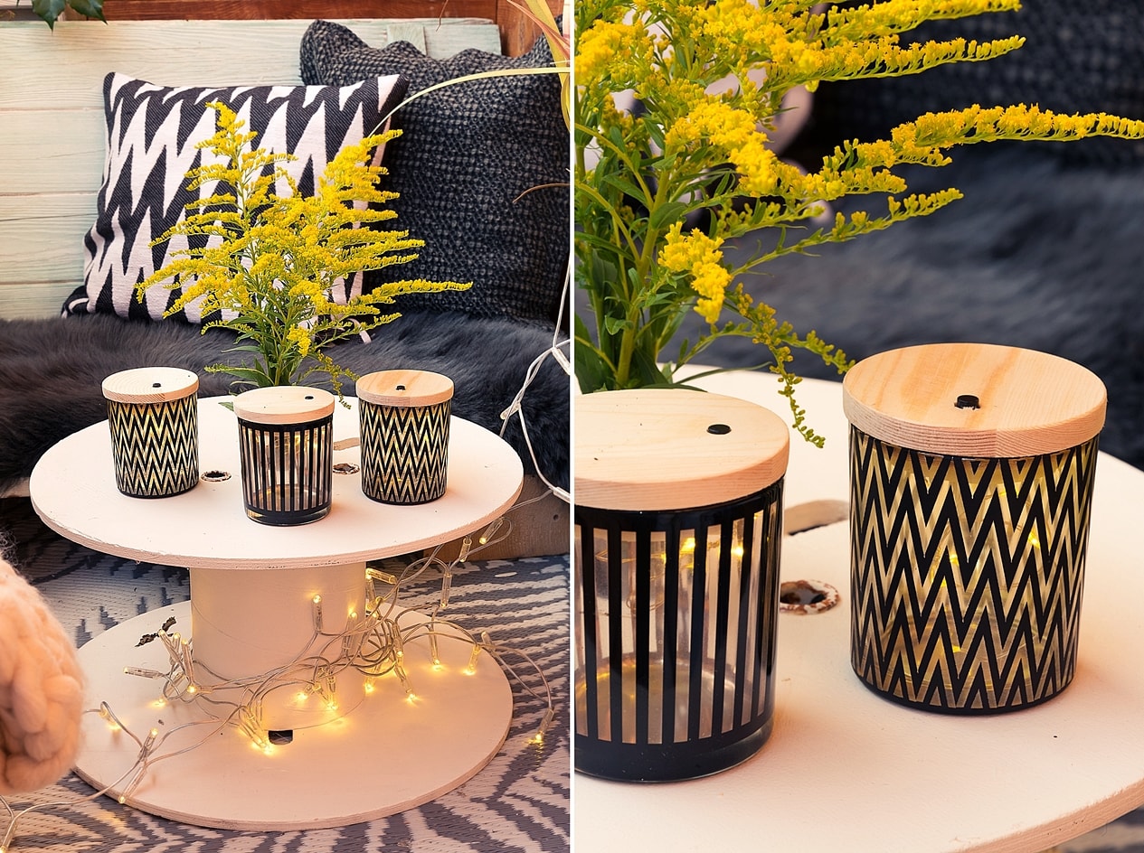 Lichtquellen sorgen für stimmungsvolle Atmosphäre auf dem Balkon.