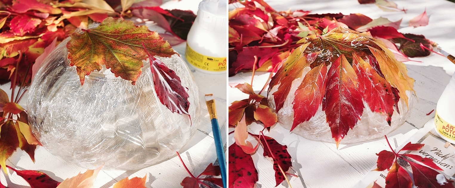 Herbstschale aus bunten Blättern basteln.