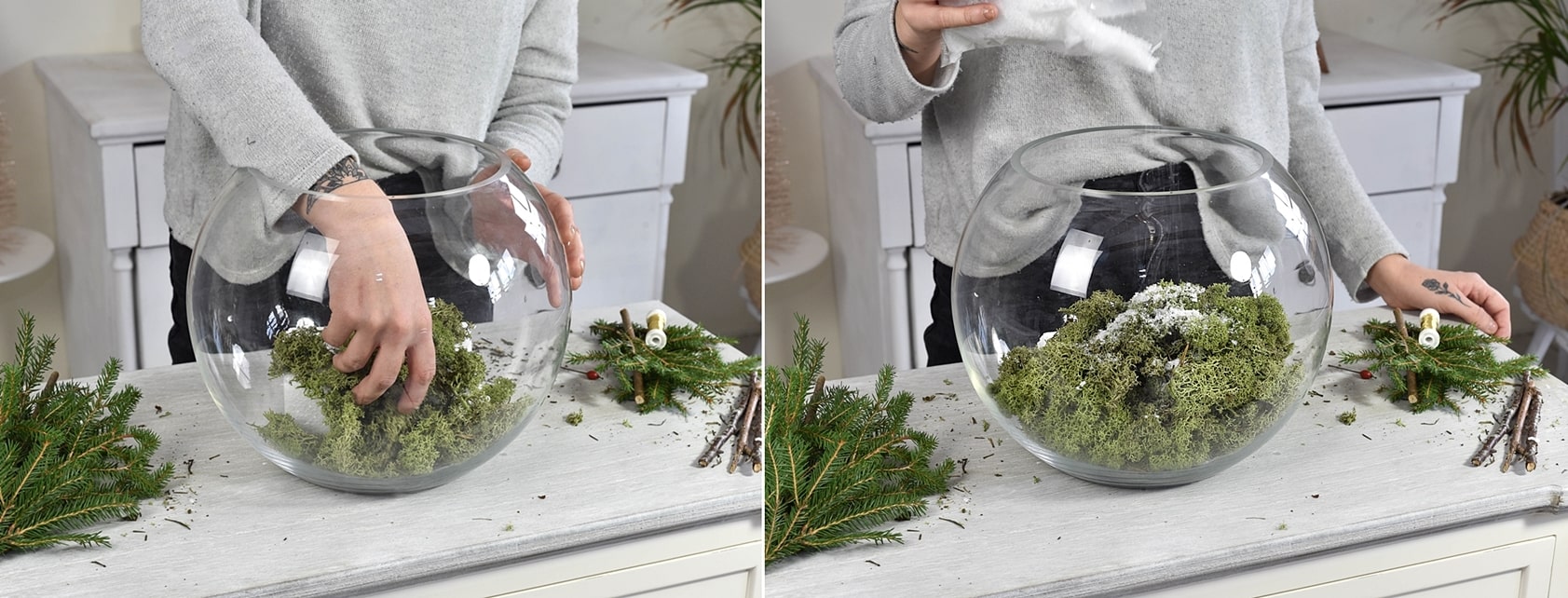 Kugelvase mit Moos und Dekoschnee befüllen.