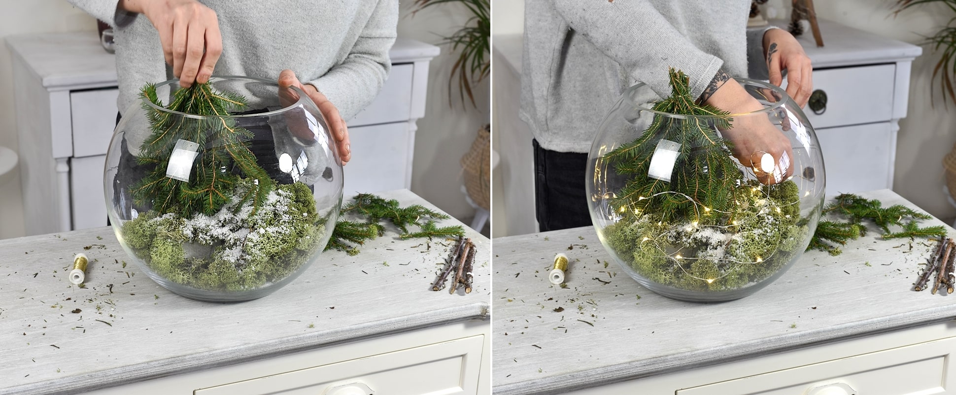 Kugelvase mit Naturmaterialien dekorieren.