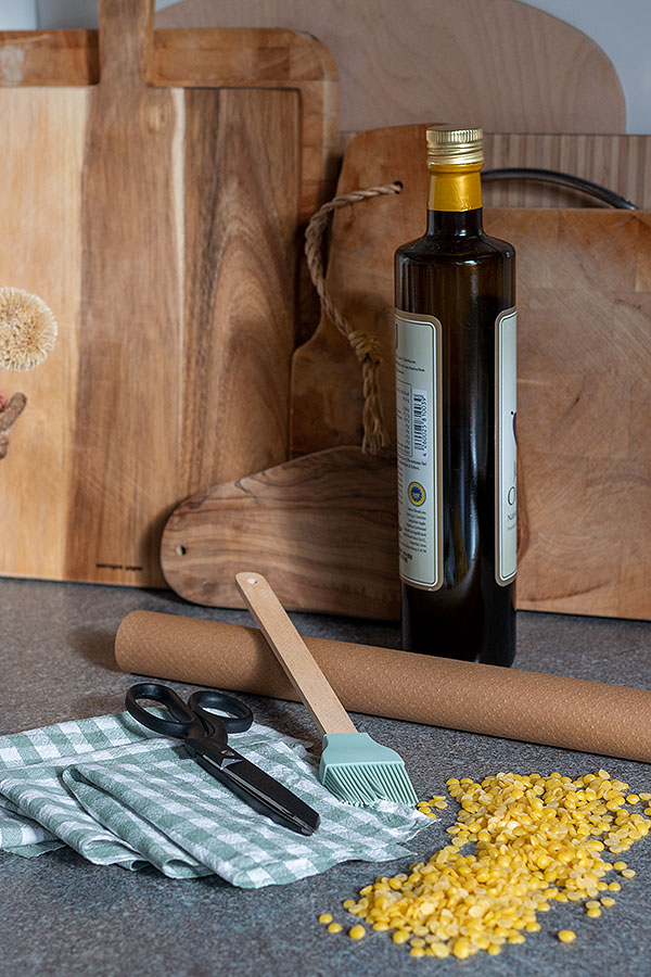 Zubehör DIY Wachstücher Baumwollstoff, Schere, Bienenwachs Pastillen, Backpapier, Backpinsel, Olivenöl